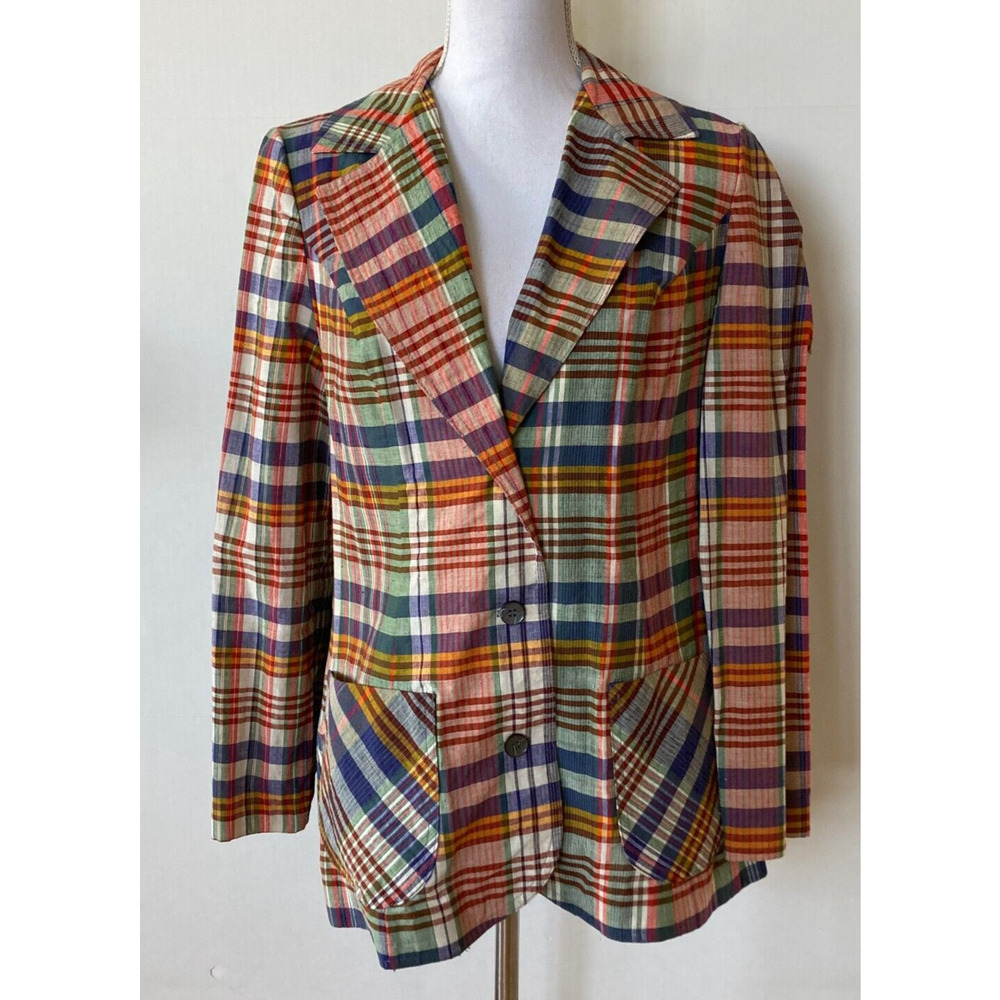 VTG Windsor Sport Womens Blazer Jacket Madras Plaid Preppy Multicolored Bust 38